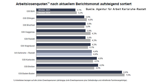 Baden-Baden mit positiver Entwicklung gegen den Trend – Leichter Rückgang der Arbeitslosen gegenüber dem Vorjahresmonat