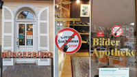 Aufkleber in Baden-Baden – „Corona-Faschismus STOP" – Bürgerbüro und Apotheke betroffen