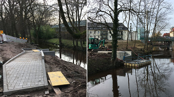 Lieferung der Brückenüberbauten am Montag – Fußgängerbrücken über Gewerbekanal und beim Freibad saniert Lieferung der Brückenüberbauten am Montag – Fußgängerbrücken über Gewerbekanal und beim Freibad saniert