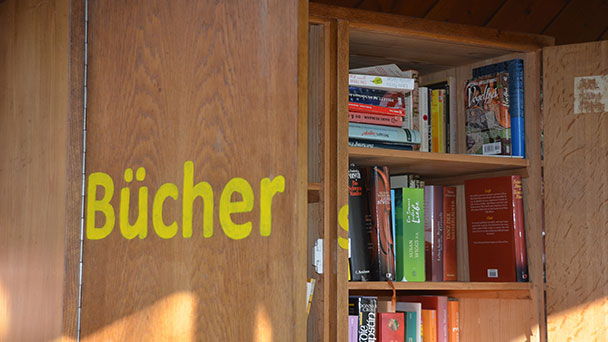 Ein kleiner Holzschrank in Selbach – Lesen unter freiem Himmel – Bibliothek in Miniaturausgabe