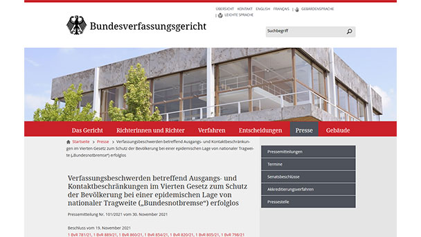 Verfassungsbeschwerde gegen Bundesnotbremse erfolglos – Entscheidung von heute Morgen hier als PDF