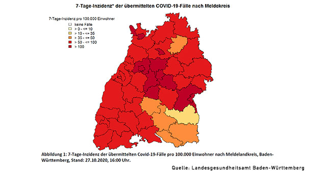 Stadtkreis Baden-Baden bleibt bei Inzidenz-Wert 58,0 – Landkreis Rastatt steigt auf 95,9 – Höchster Wert weiterhin für Stadtkreis Heilbronn 148,5