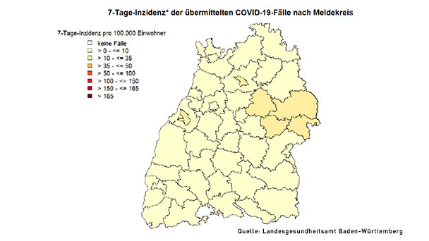 Baden-Baden leicht verbessert auf 23,6 – Weiter schlechtester Wert im Landesteil Baden – Landkreis Rastatt erreicht Inzidenzstufe 1