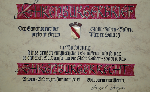 OB Margret Mergen brachte Pierre Boulez den Ehrenbürgerbrief - „Gerahmte Urkunde“