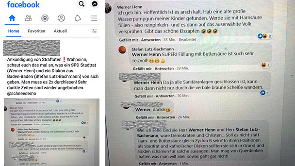 Entgleisungen in Facebook – Baden-Badener SPD-Stadtrat Werner Henn: „Also reinpinkeln – und es auf das auserwählte Volk versprühen“ – Diakon Stefan Lutz-Bachmann: „Füllung mit Buttersäure ist auch sehr reizvoll!“