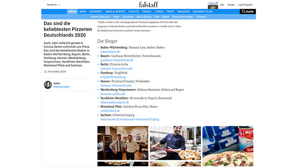 Mamma Lina in Baden-Baden beliebteste Pizzeria Baden-Württembergs – Fachzeitschrift Fallstaff befragte seine Community