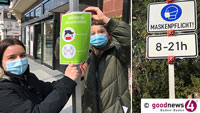Blaue und grüne Corona-Schilder in Baden-Baden – Mundschutz tragen oder Maskenpflicht?
