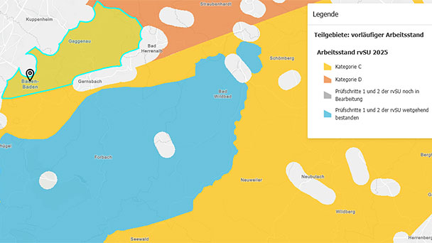 Stadtkreis Baden-Baden als Endlager „für hochradioaktive Abfälle“ untersucht – „Geringe Eignung“ – „Türkisfarbene Flächen und graue Flächen weiterhin in Bearbeitung“
