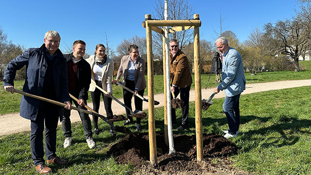 Sparkassen-Führung im Wörthböschelpark – Aufsichtsratschef Dietmar Späth und der Vorstandschef bei Baumpflanzung 
