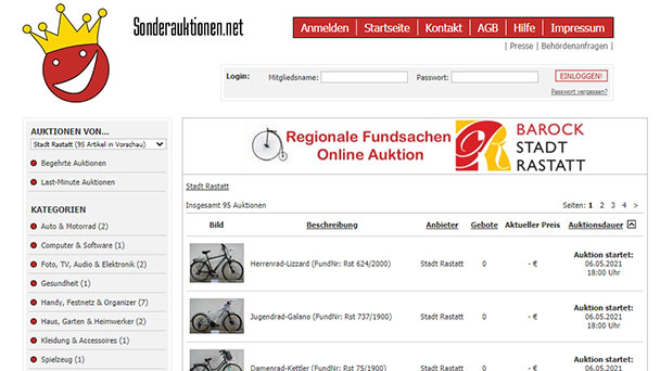 Rastatter Bürgerbüro versteigert Fundsachen am 6. Mai –  Angebot ab heute online einsehbar