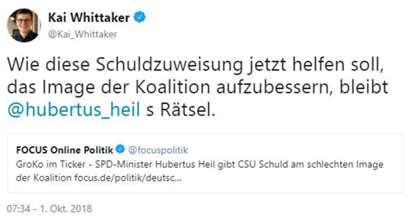 Baden-Badener CDU-Abgeordneter Whittaker schimpft über Twitter auf Hubertus Heil