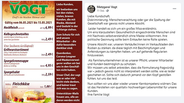 Metzgerei Vogt mitten in Corona-Diskussion geraten – „Spaltung der Gesellschaft war gewiss nicht unsere Absicht“ Metzgerei Vogt mitten in Corona-Diskussion geraten – „Spaltung der Gesellschaft war gewiss nicht unsere Absicht“