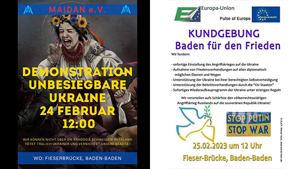 Zwei Demonstrationen in Baden-Baden – „Unbesiegbare Ukraine“ von Maidan e.V. – „Baden für den Frieden“ mit Franz Alt und OB Späth