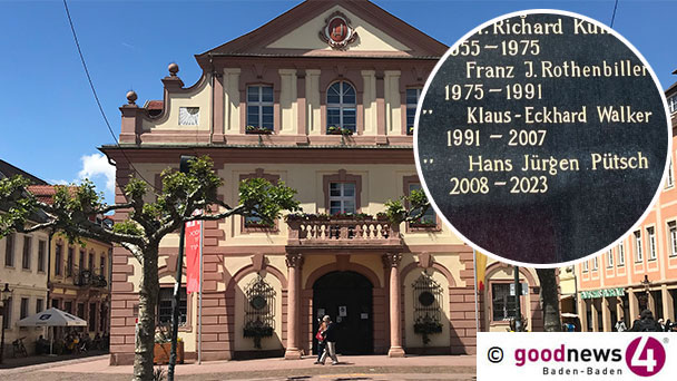 Tafel vor dem Rathaus – Richtigstellung der Stadt Rastatt – Gemeindeordnung: „Der bestellte Oberbürgermeister führt die Bezeichnung Oberbürgermeister“