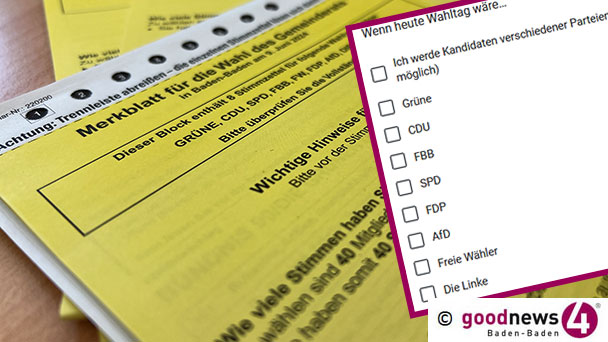 Machen Sie mit! – goodnews4-„Sonntagsfrage“ im Mai zur Kommunalwahl in Baden-Baden – Grüne, CDU, FBB, SPD, FDP, AfD, FW, Linke? Machen Sie mit! – goodnews4-„Sonntagsfrage“ im Mai zur Kommunalwahl in Baden-Baden – Grüne, CDU, FBB, SPD, FDP, AfD, FW, Linke?