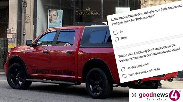 goodnews4-Umfrage – Soll Baden-Baden dem Beispiel von Paris folgen? – Höhere Parkgebühren für SUVs?